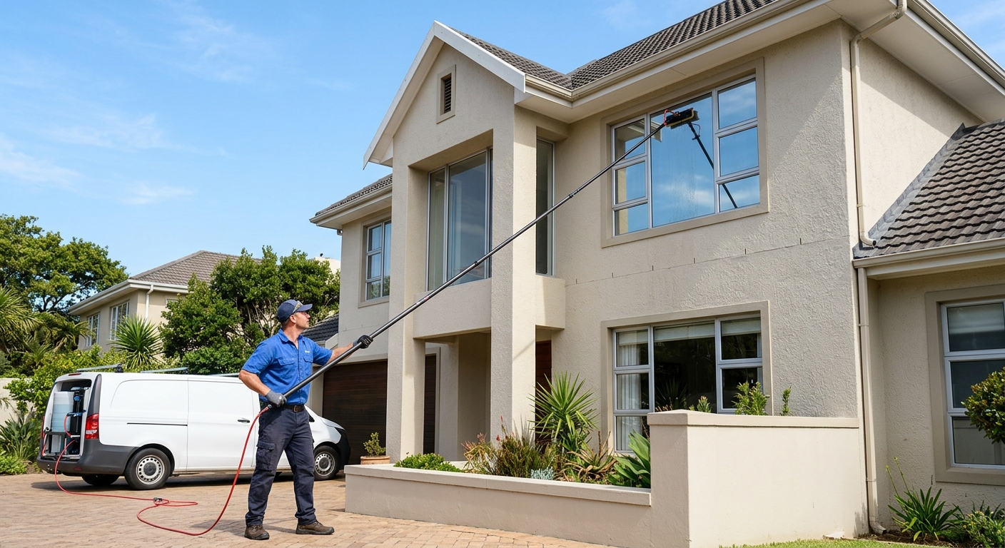 Double storey window cleaning with 9 metre telescopic pole - safe ground technique