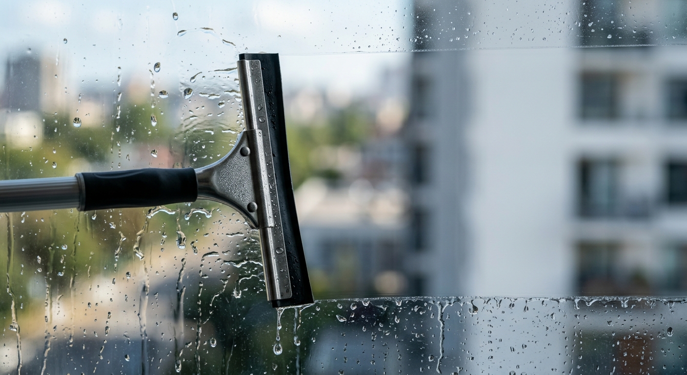 Professional squeegee blade in action creating streak-free window cleaning results